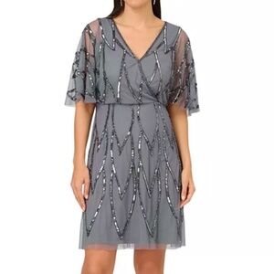 Adrianna Papell - Beaded Mesh‎ Flutter-Sleeve Dress